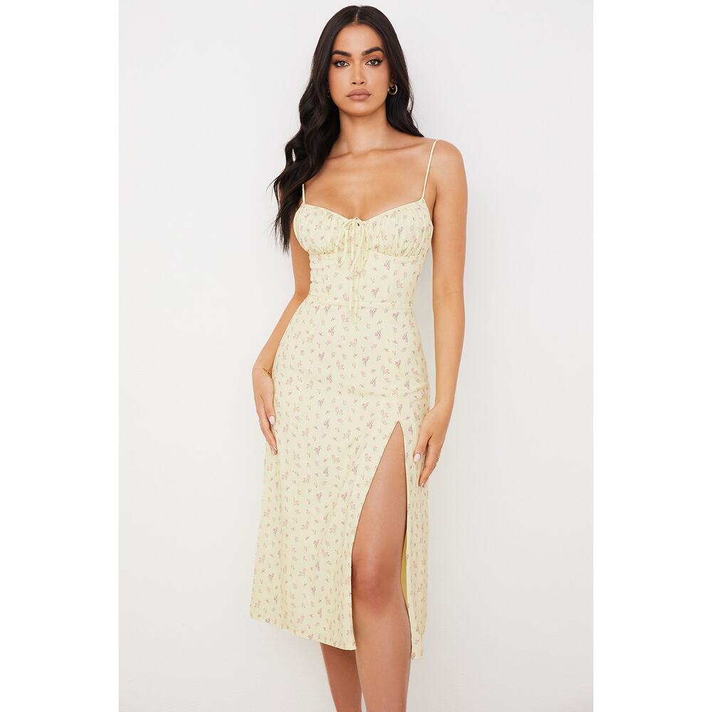 House of CB Yellow Floral Midi Dress with Side Slit